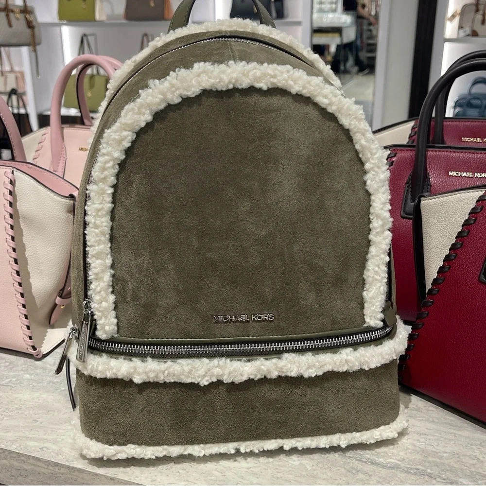 MICHAEL KORS Rhea Medium Suede and Faux Shearling Backpack Olive NWT